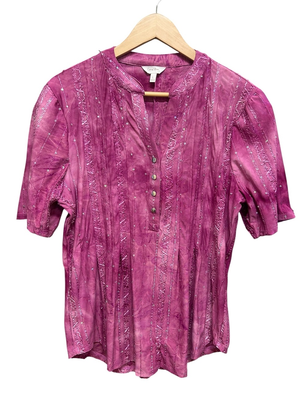 Y2K Coral Bay Pink Sequin Embroidered 1/2 Button Pullover Blouse Top Size L